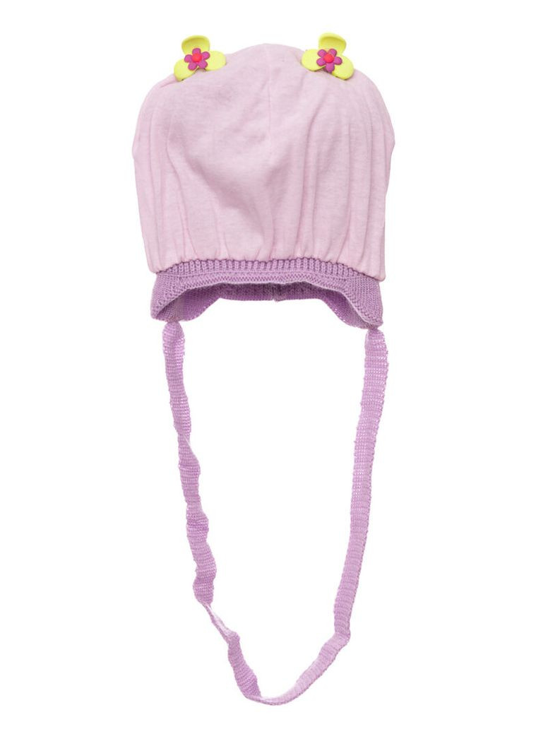 Шапка с бубонами вязкая на трикотаже для девочки с бантиком фиолетовая 1м+ (50254) BABYKROHA (323469508)
