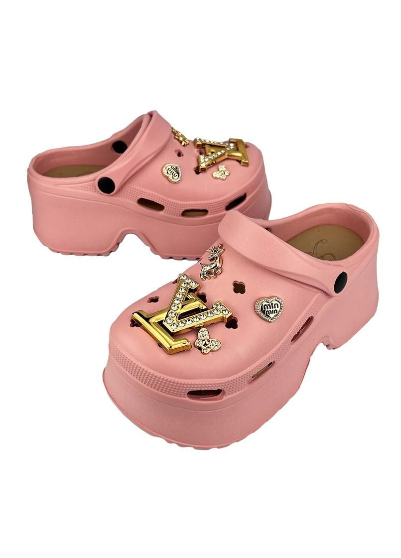 Женские кроксы сабо на платформе с джибитсами розовые 10837-2 No Brand (331205773)