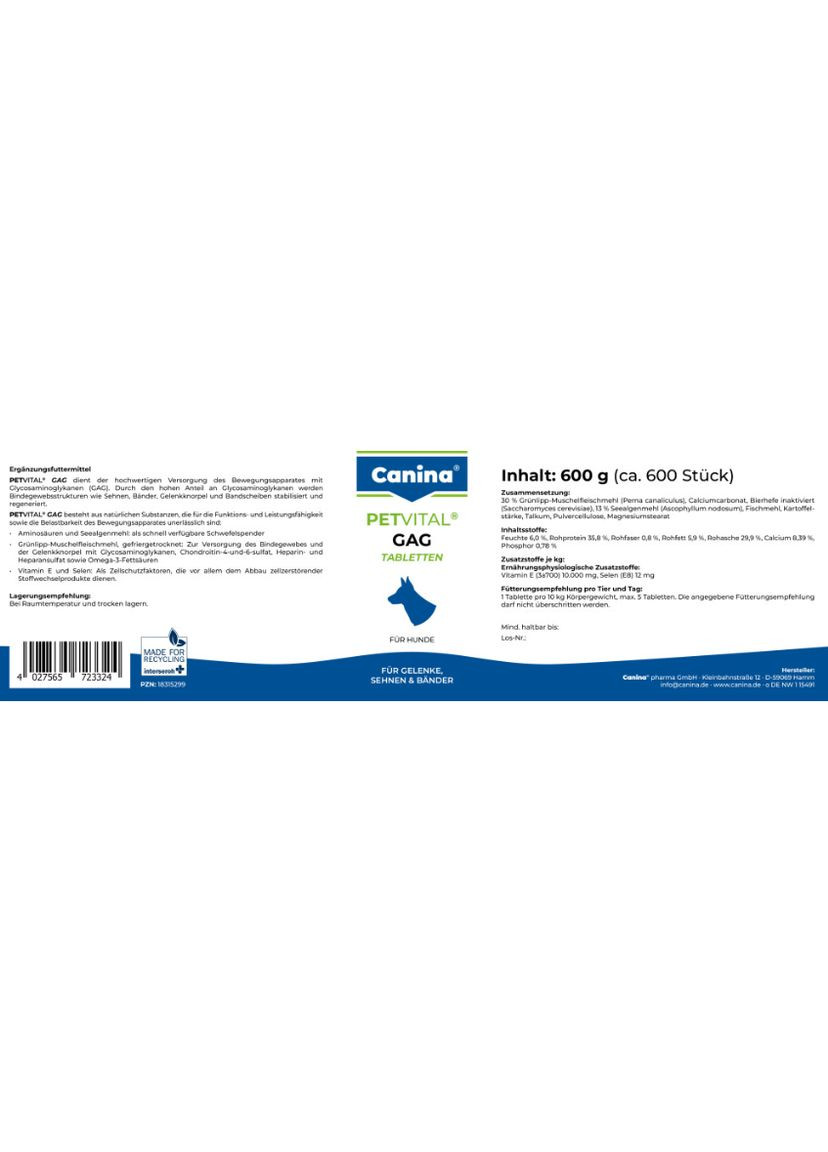 Вітаміни Petvital GAG для собак, глюкозамін з екстрактом мідій, для суглобів та тканин, 600 г (600 табл) (*) Canina (348418244)