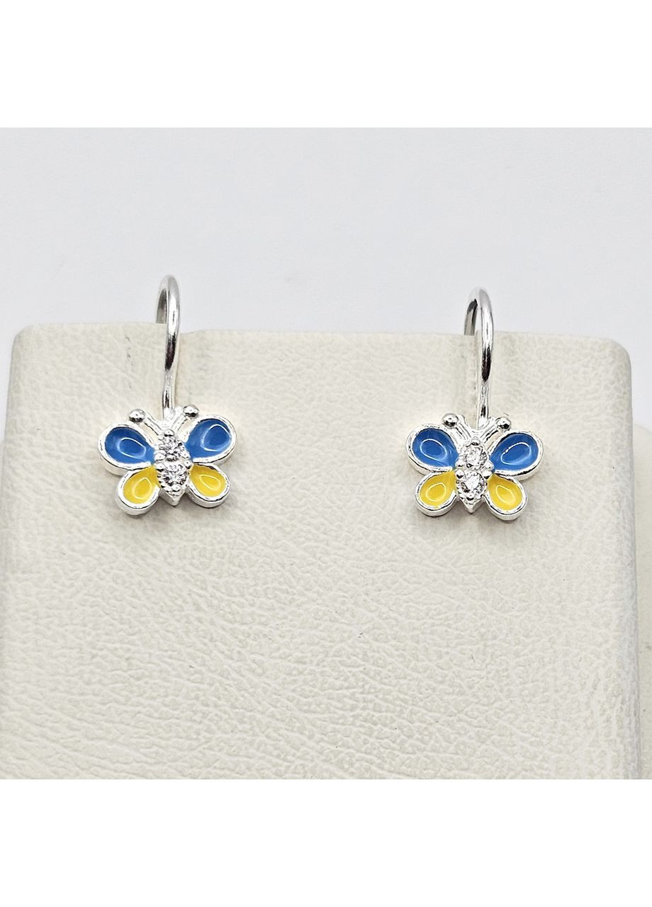 Серьги серебряные с желто-голубой эмалью и кубическим цирконием "Бабочки" 1,53 г No Brand (369736939)