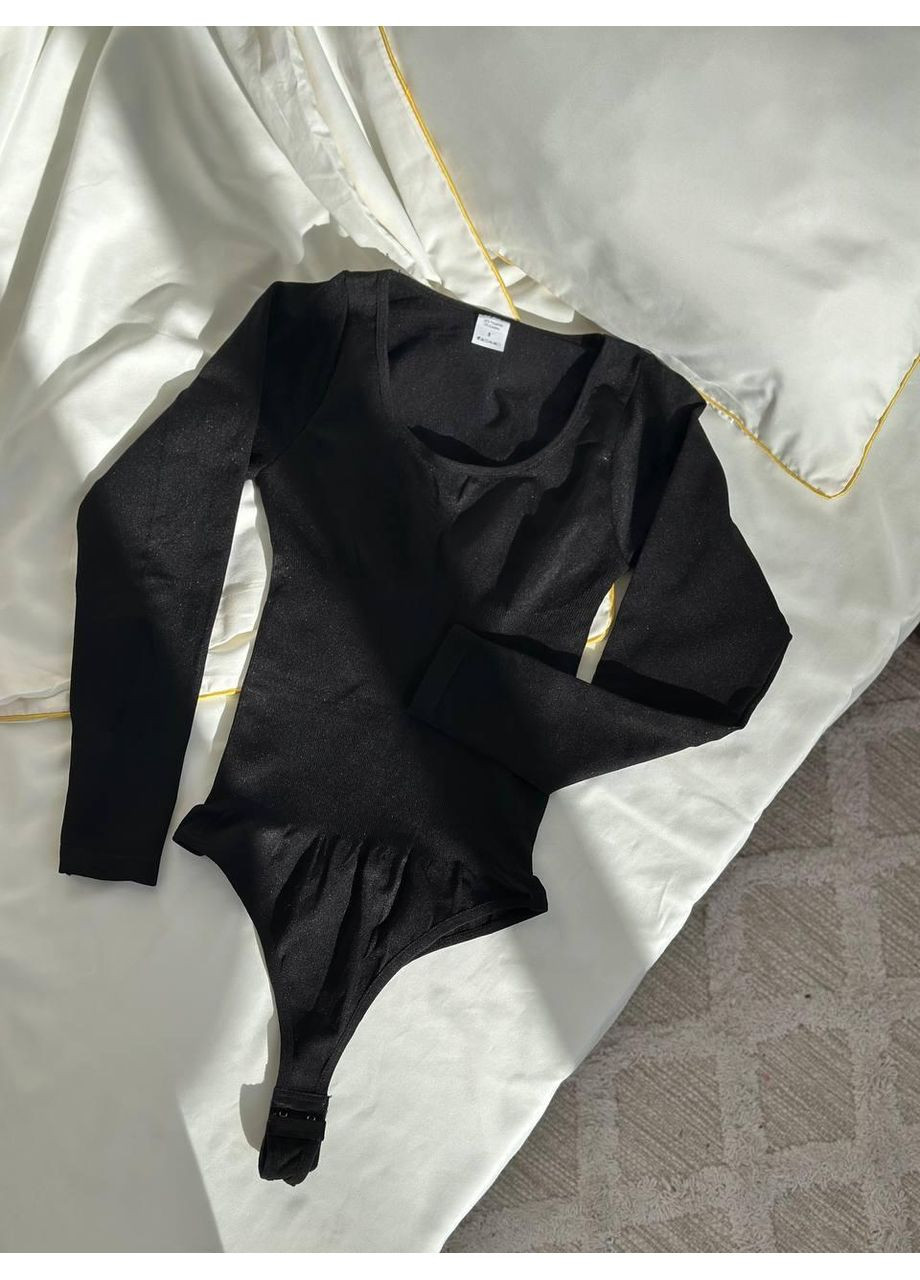 Коригуючий боді із довгими рукавами, Боді чорне базове з довгим рукавом. Обтислий боді з еластичної тканини No Brand (366571613)