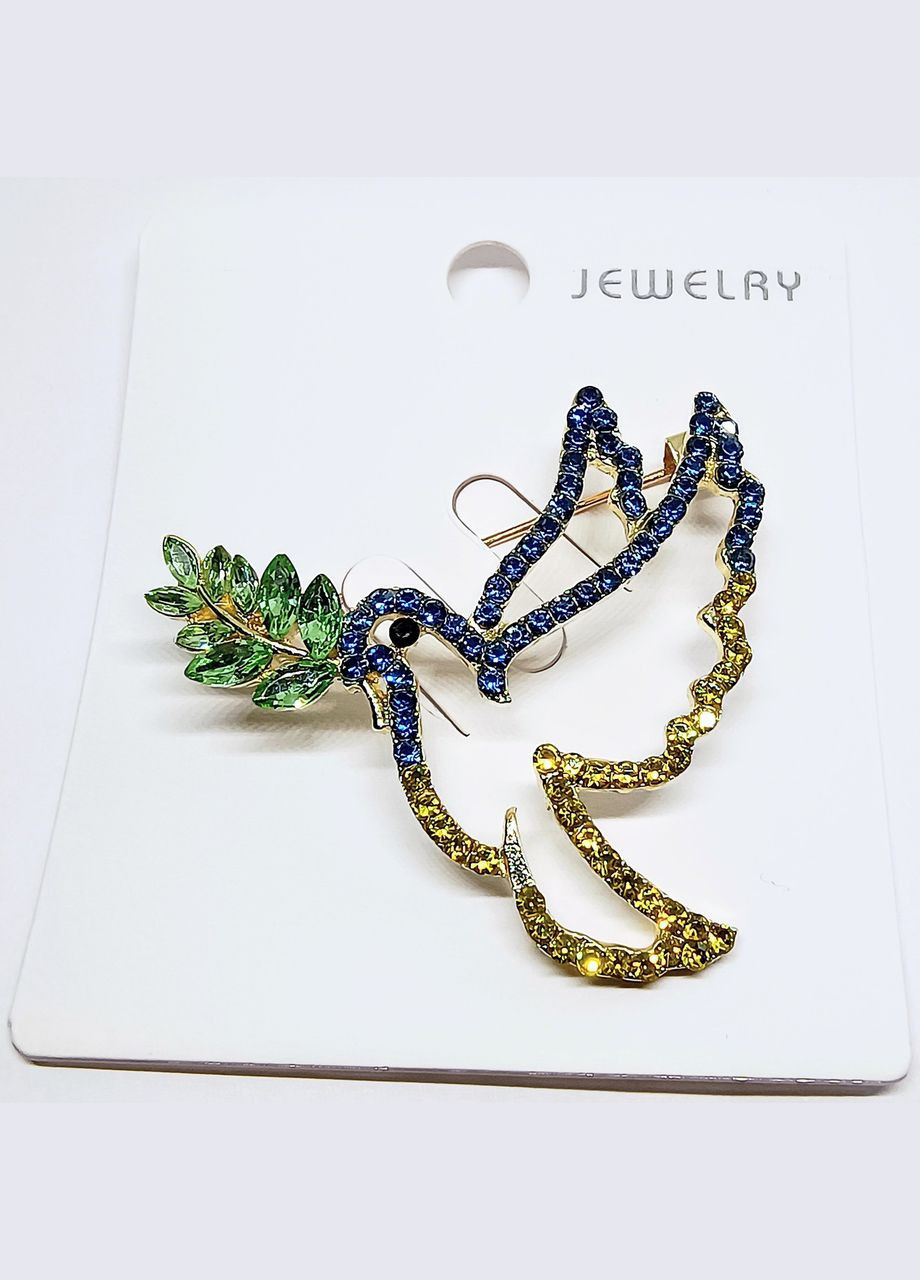 Брошь Голубь мира патриотический стразы Желто-голубые зеленые золотистое основание 4.4 см х 4.2 см Finding (328942985)