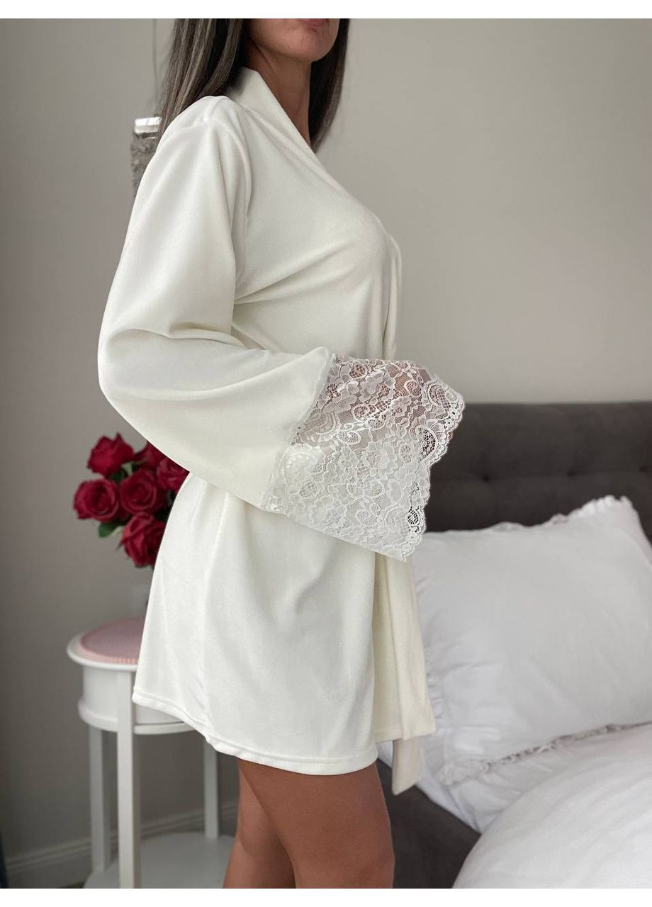 Халат 0361 велюр короткий з поясом,мереживом на рукавах Україна (370284755)