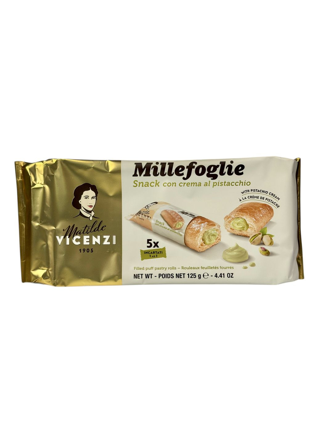 Листкові рулети Matilde Vicenzi millefoglie з фісташковим кремом snack con crema al pistacchio 125 г Matilda (370784539)