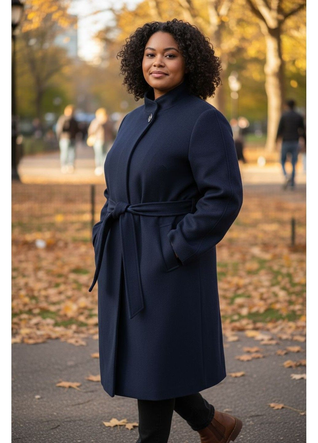 Темно-синє демісезонне Жіноче приталене пальто з поясом (58686) S Темно-сине M&S