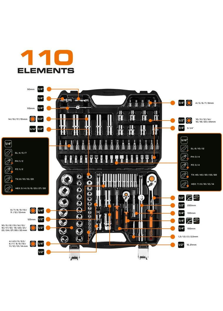 Набір інструментів (1/2", 1/4", 110 предметів) торцеві головки з трещіткою (23926) Neo Tools (271960923)
