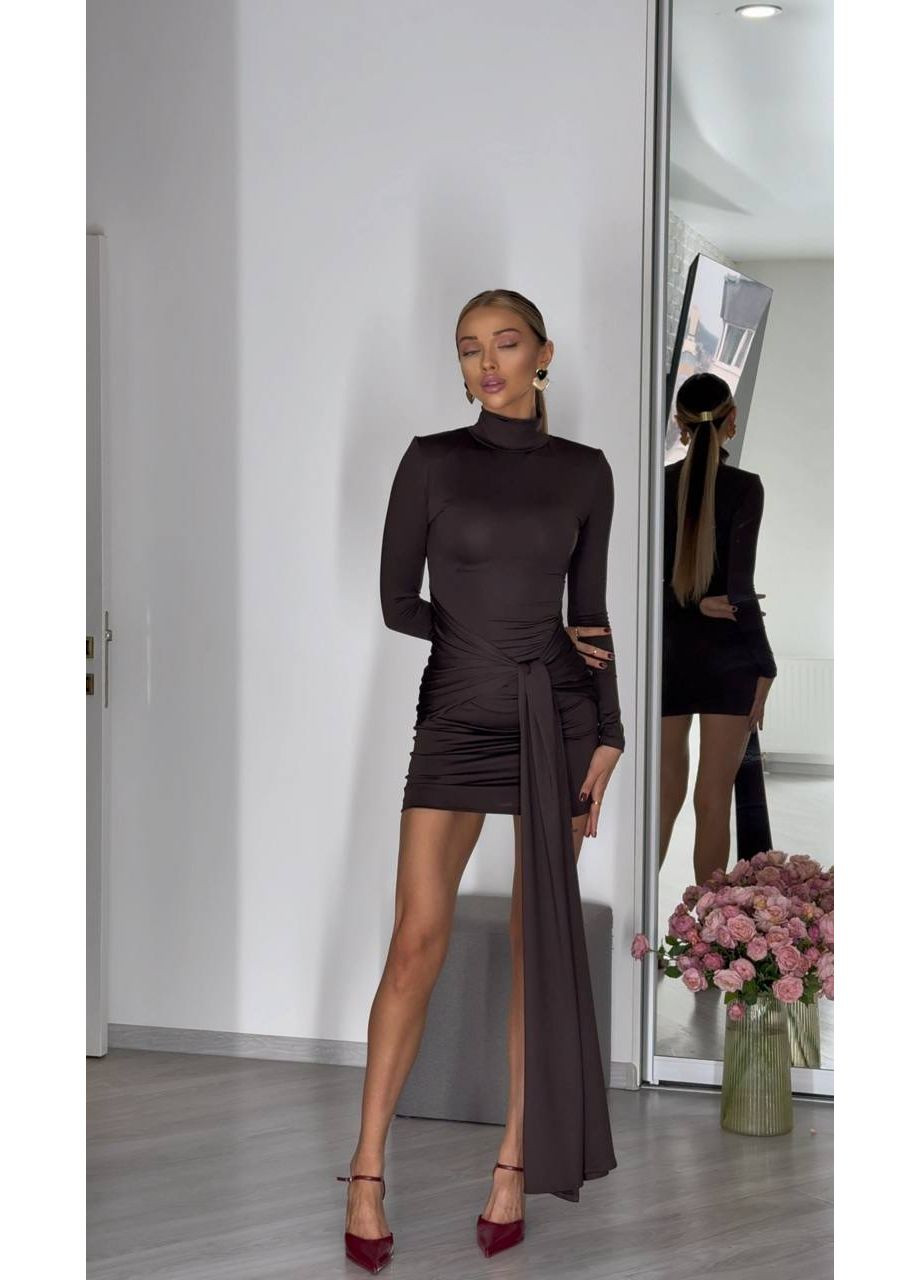 Коричневое вечернее, кэжуал женское мини-платье с длинным рукавом Україна однотонное