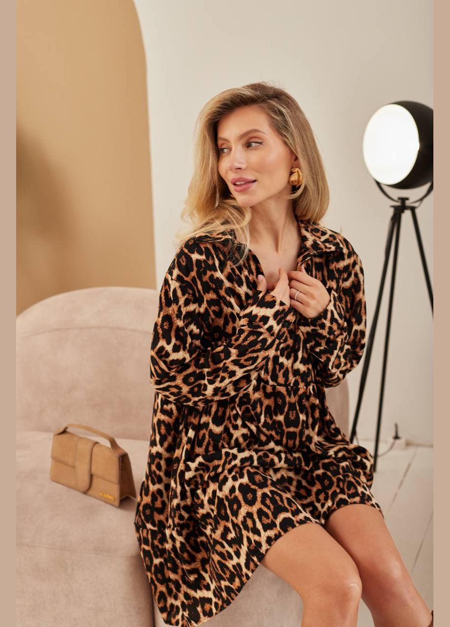 Коричневое повседневный женское платье с леопардовым принтом турецкая вискоза No Brand леопардовый