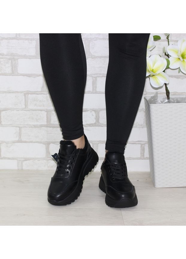 Женские зимние кожаные кроссовки с высокой ребристой подошвой Fashion чёрные зима (370877890)