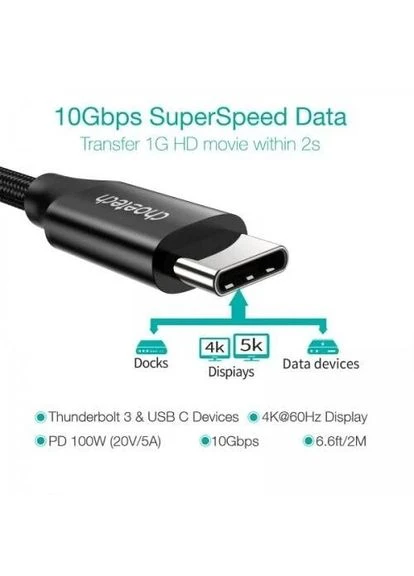 Кабель Type-C - Type-C, 2 м, Black, 100 Вт, 5A, Thunderbolt 3 (XCC-1007-V2-BK) XCC-1007-BK CHOETECH (395341814)