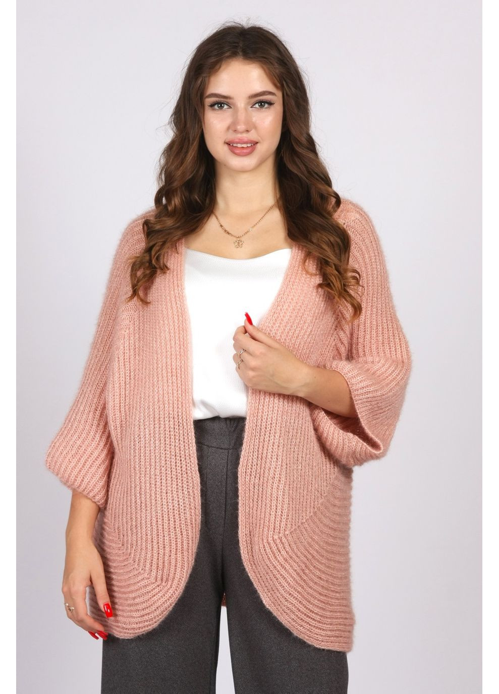 Жакет кардиган жіночий 96731 велика в`язка пудровий Актуаль (364831989)