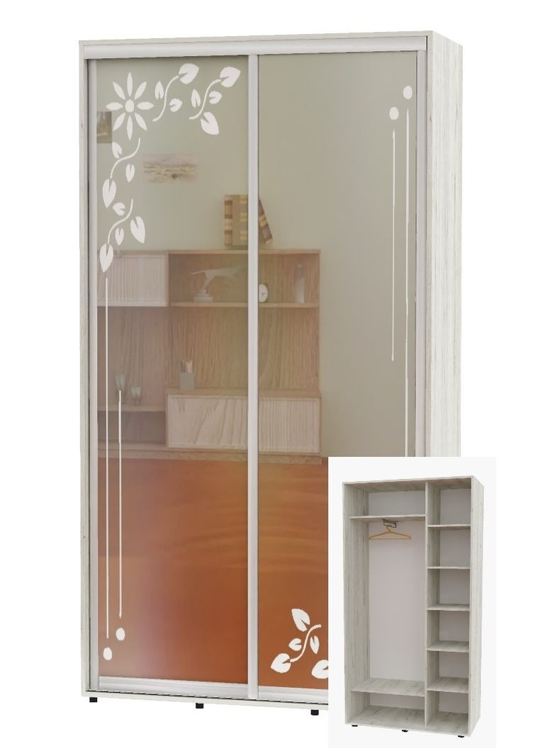 Шкаф-купе двухдверный 110*45*240 Дуб крафт белый Зеркало с пескоструйным рисунком Алекса (360460374)