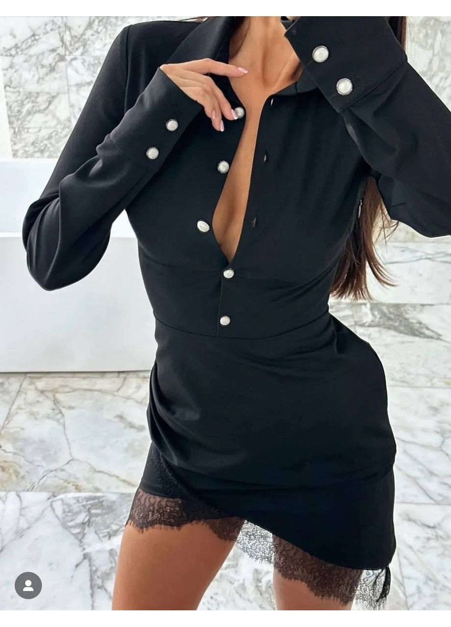 Чорна святковий витончена сукня з акцентним мереживом із костюмної тканини — заміри в описі силуетна DK/DL Мода без кордонів однотонна