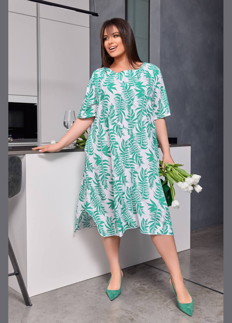 Зеленое женское платье из софта цвет белый-зеленый р.50/52 453418 New Trend