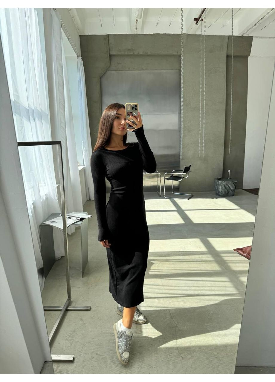 Черное повседневный платье женское макси широкий рубчик теплое длинное приталенное No Brand однотонное