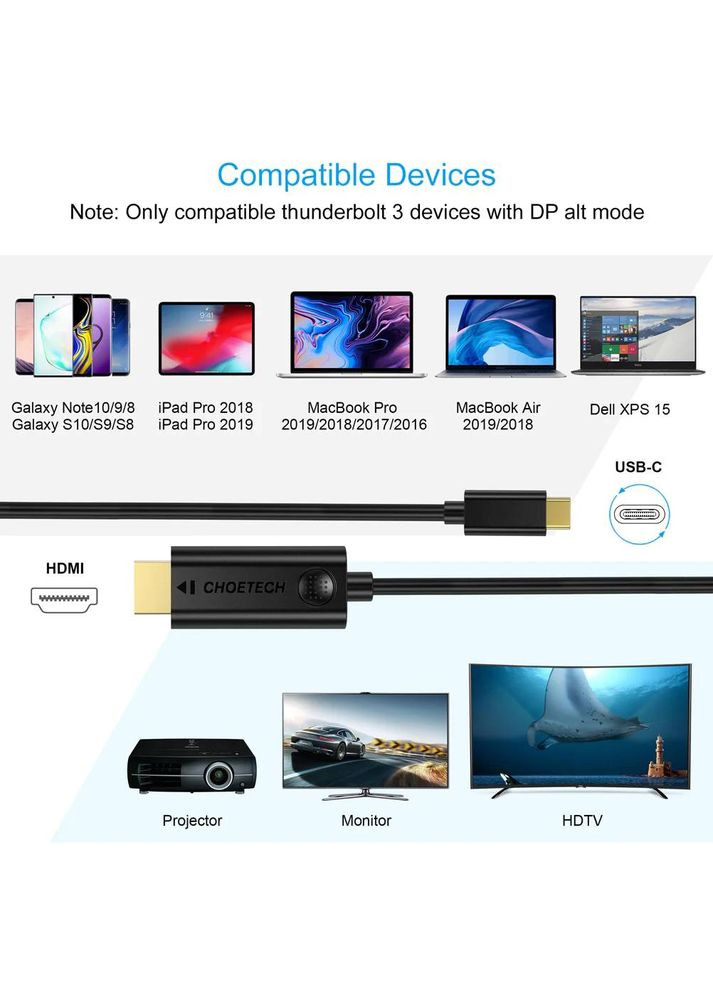 Кабель USB 3.1 TypeC M - HDMI M, 3.0m Thunderbolt 3 4K чорний CHOETECH (315143746)