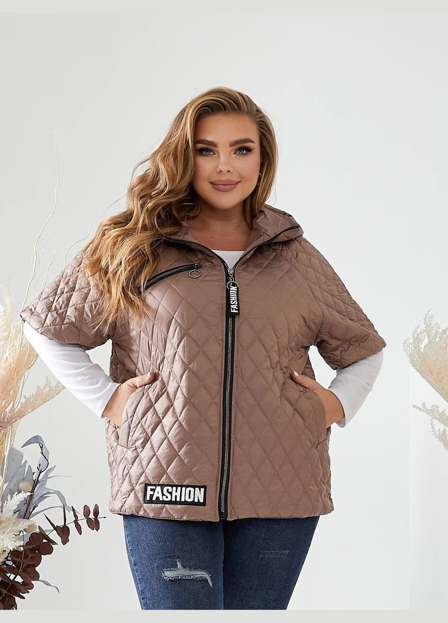 Жіноча мокко жилетка безрукавка батал для великих розмірів з капюшоном з рукавами до локтя з кишенями Viki Жилет (316035136)