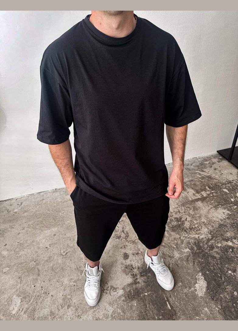 Черный однотонный мужской летний спортивный костюм-двойка No Brand (370966641)