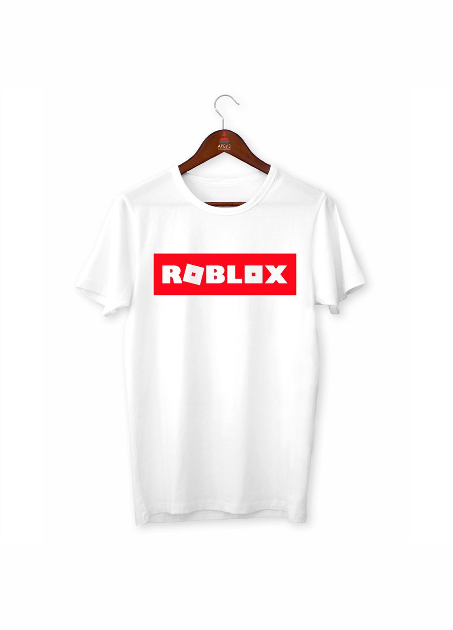 Белая демисезонная футболка с принтом "игра roblox (роблокс) надпись" Кавун футболка