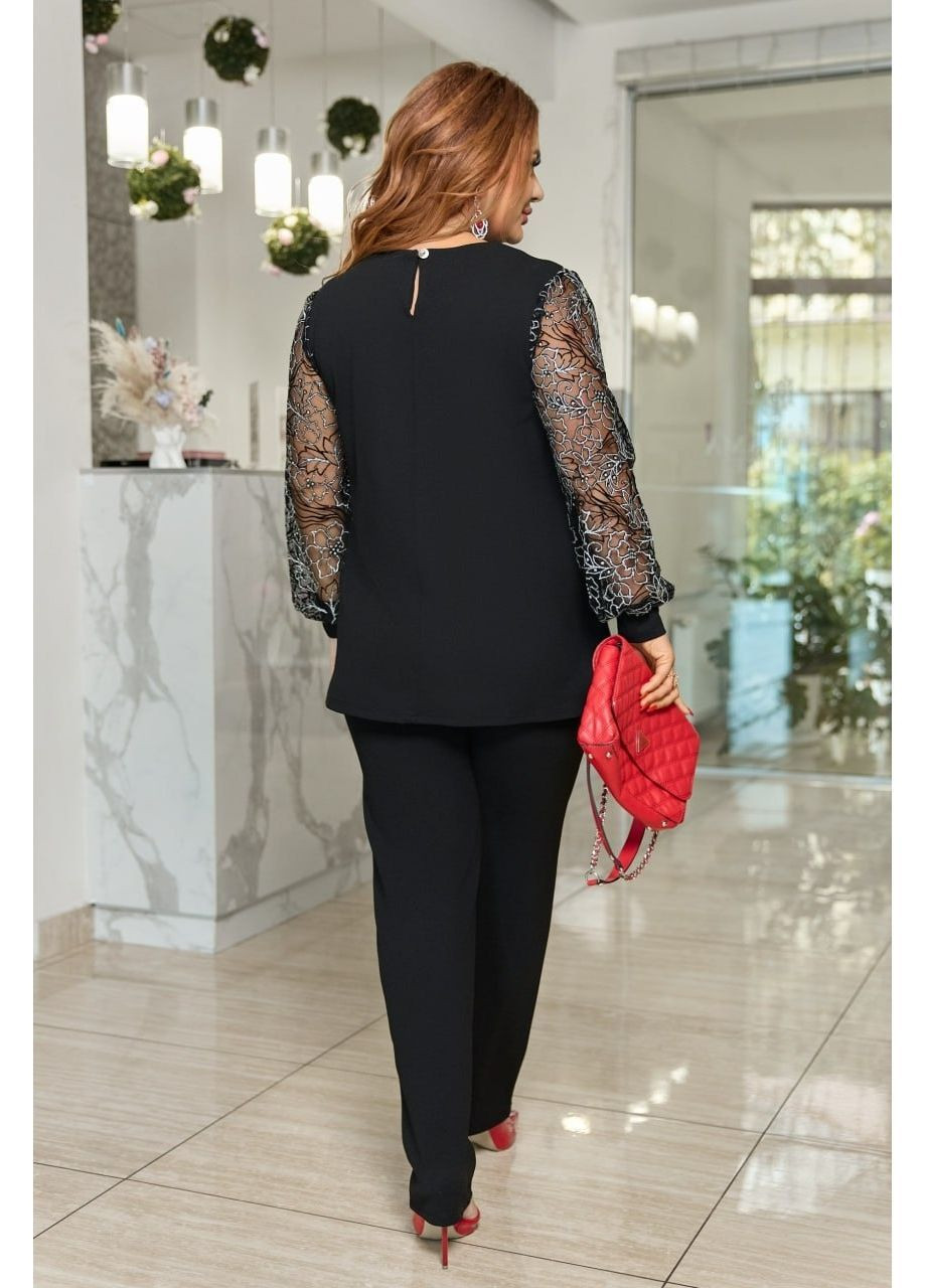 Жіночий костюм батал чорний брючний комплект з блузою великий розмір святковий вечірній ошатний Boni Костюм брючний (365264666)