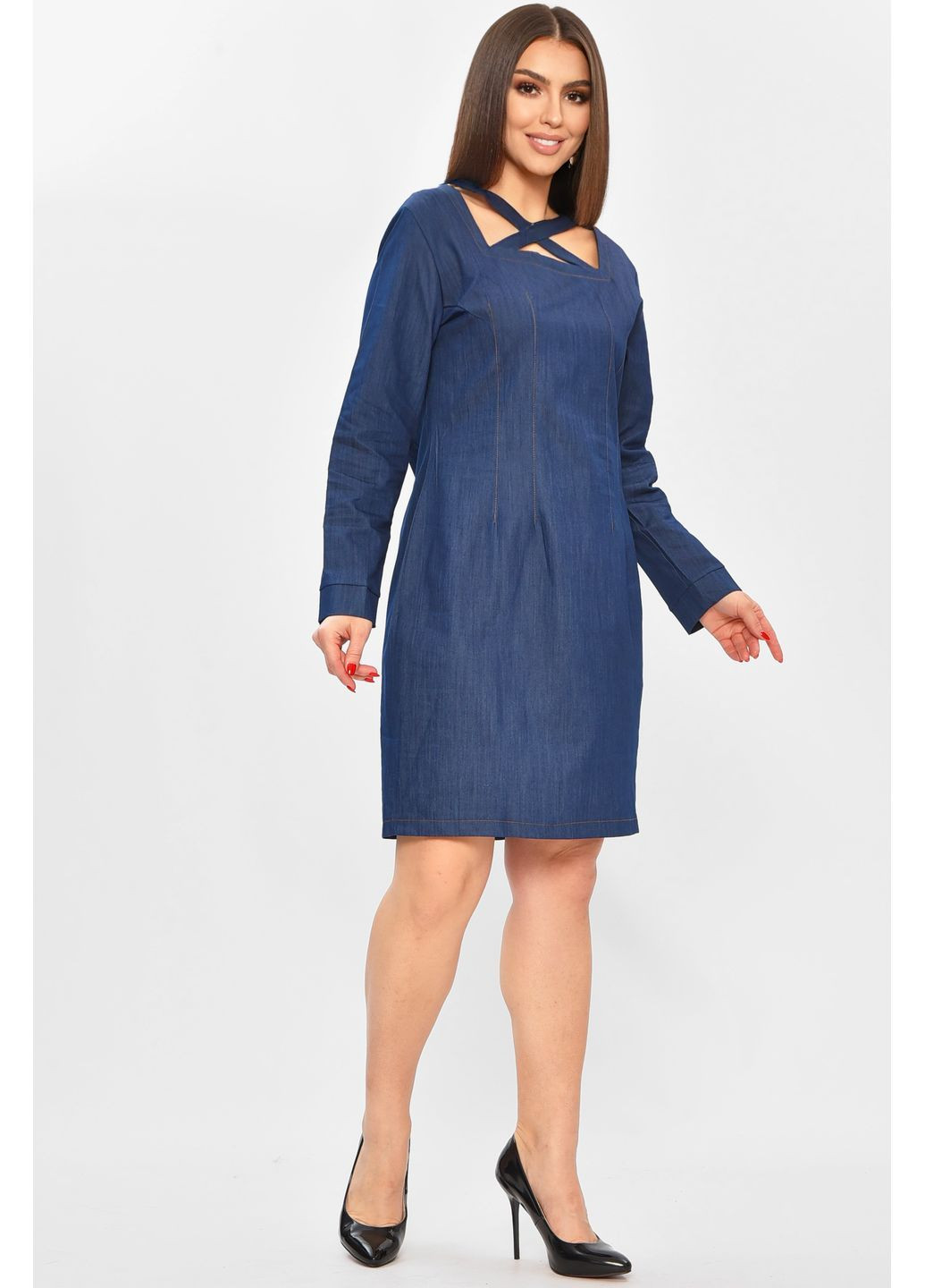 Темно-синя повсякденний сукня жіноча однотонна темно-синього кольору з баскою Let's Shop однотонна