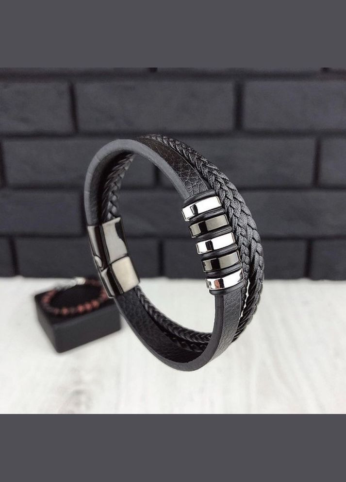 Чоловічий шкіряний браслет плетений, чорний зі сталевими вставками No Brand (328251217)
