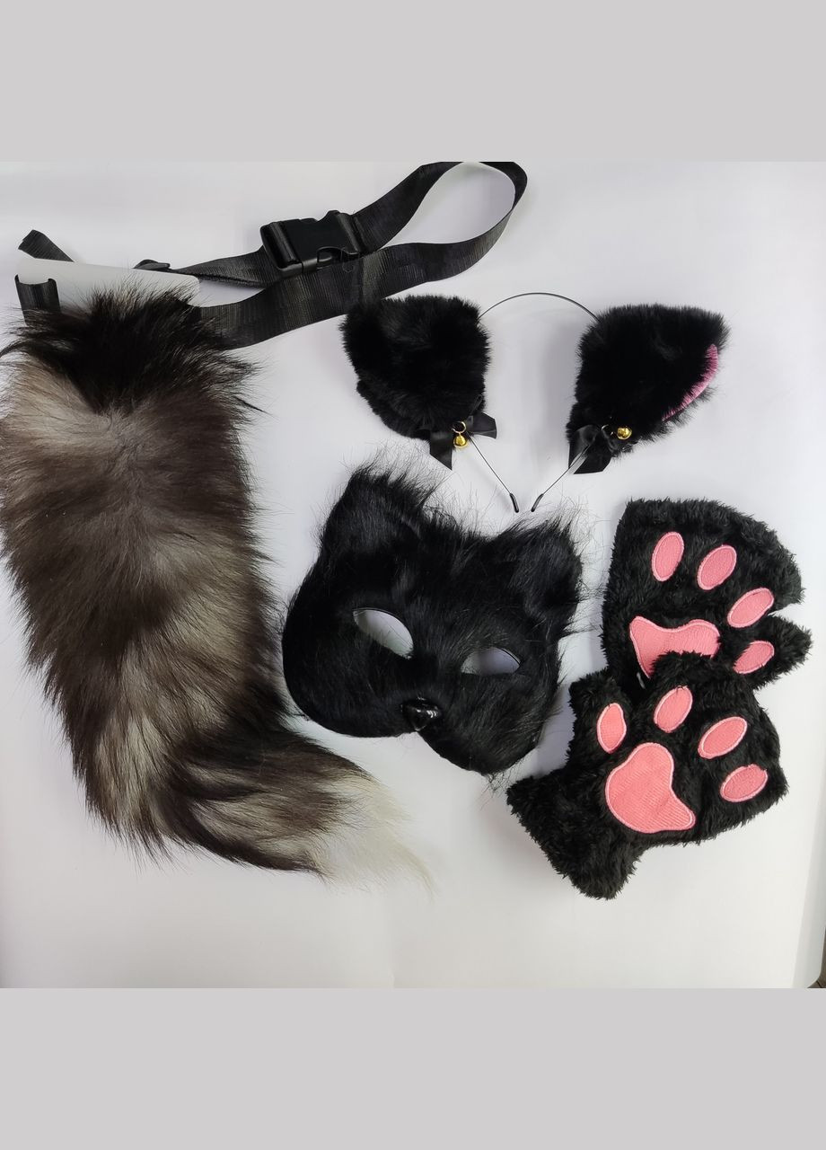 Набор для квадробики Черный (маска пушистая, ушки, хвост большой, кавычки) Костюм Котика No Brand (333163044)