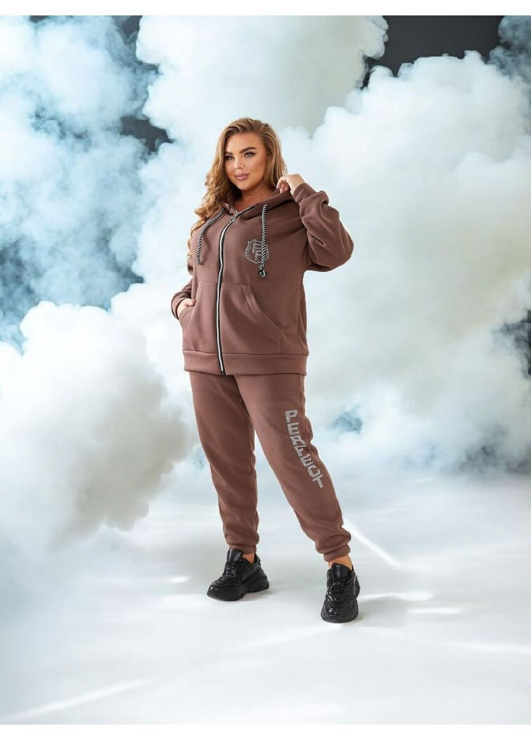 Тёплый женский костюм батал Perfect из флиса мокко тёмно-бежевый с кофточкой на молнии Bonita Спортивний костюм (366685955)