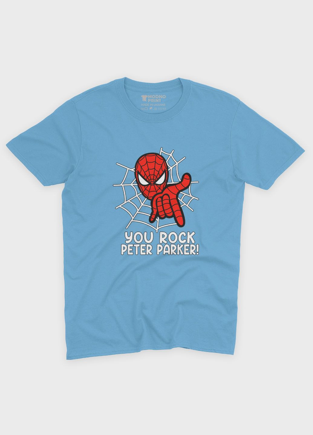 Блакитна демісезонна футболка для хлопчика з принтом супергероя - людина-павук (ts001-1-lbl-006-014-102-b) Modno