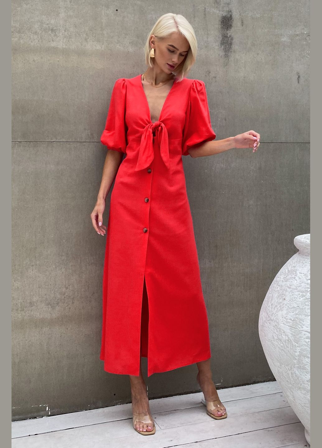 Червона повсякденний, кежуал надзвичайно ніжна та жіночна сукня з льону Jadone Fashion однотонна
