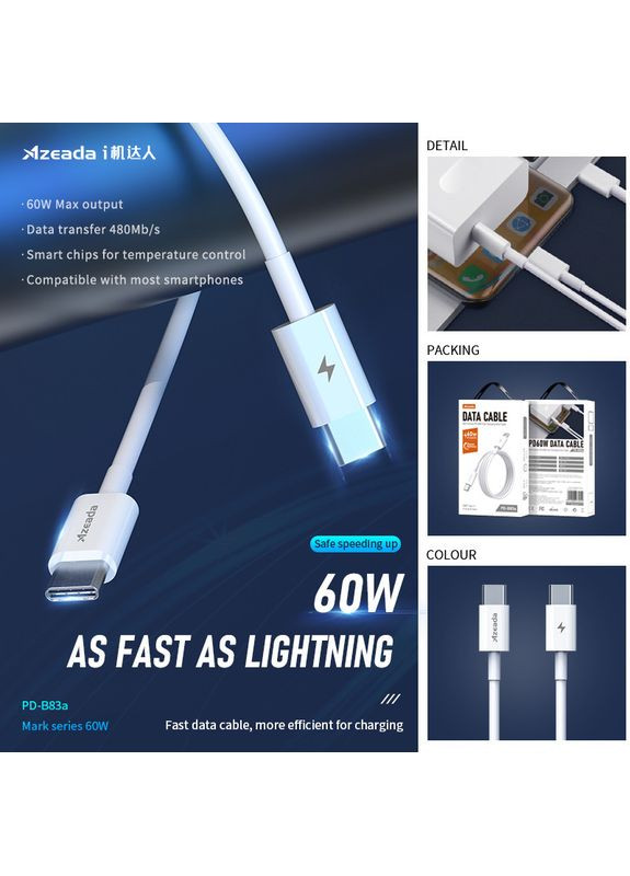 Кабель PD-B83a Type-C to Type-C Fast Charge 60W, 1 метр, с передачей данных до 480 Mb/s Proda (362916152)