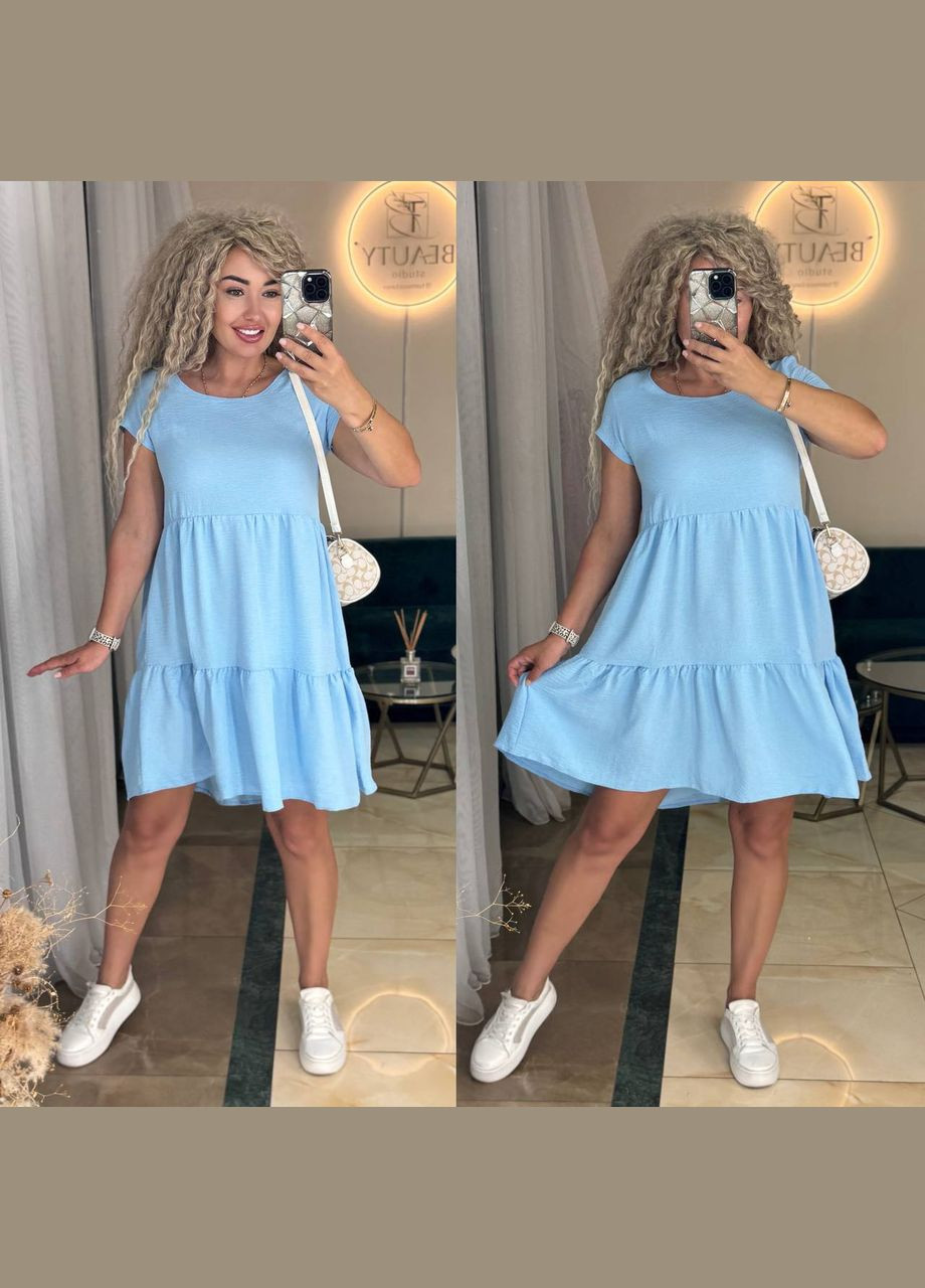 Голубое женское легкое платье креп-жатка No Brand