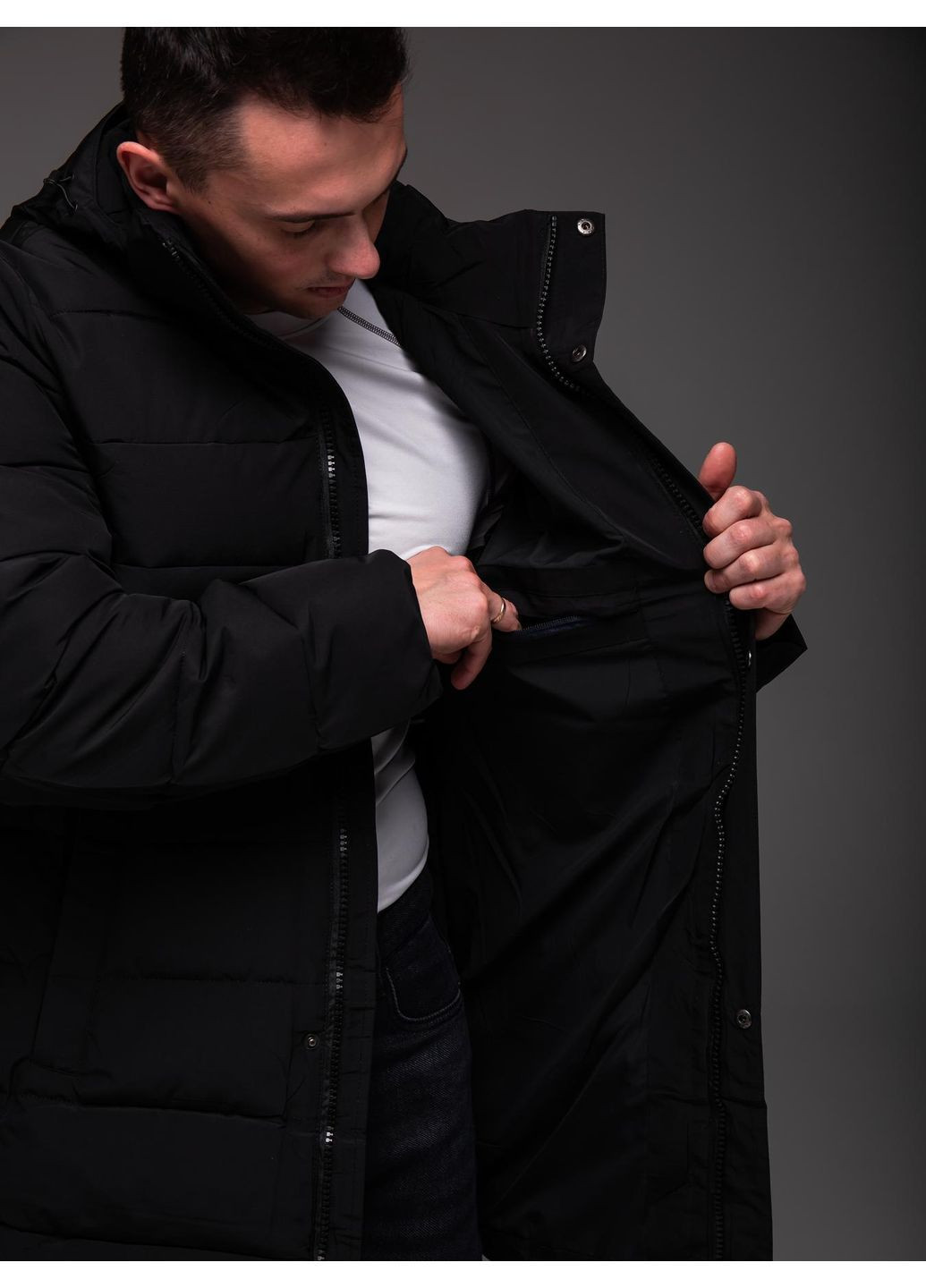 Чорна куртка чоловіча подовжена зимова . парка чоловіча No Brand