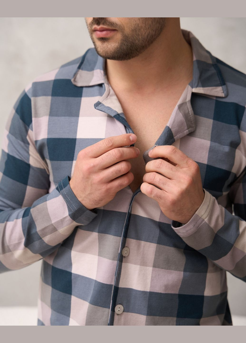 Чоловіча піжама в клітинку сорочка штани Family look для пари комплект зі штанами Tom John (311221283)