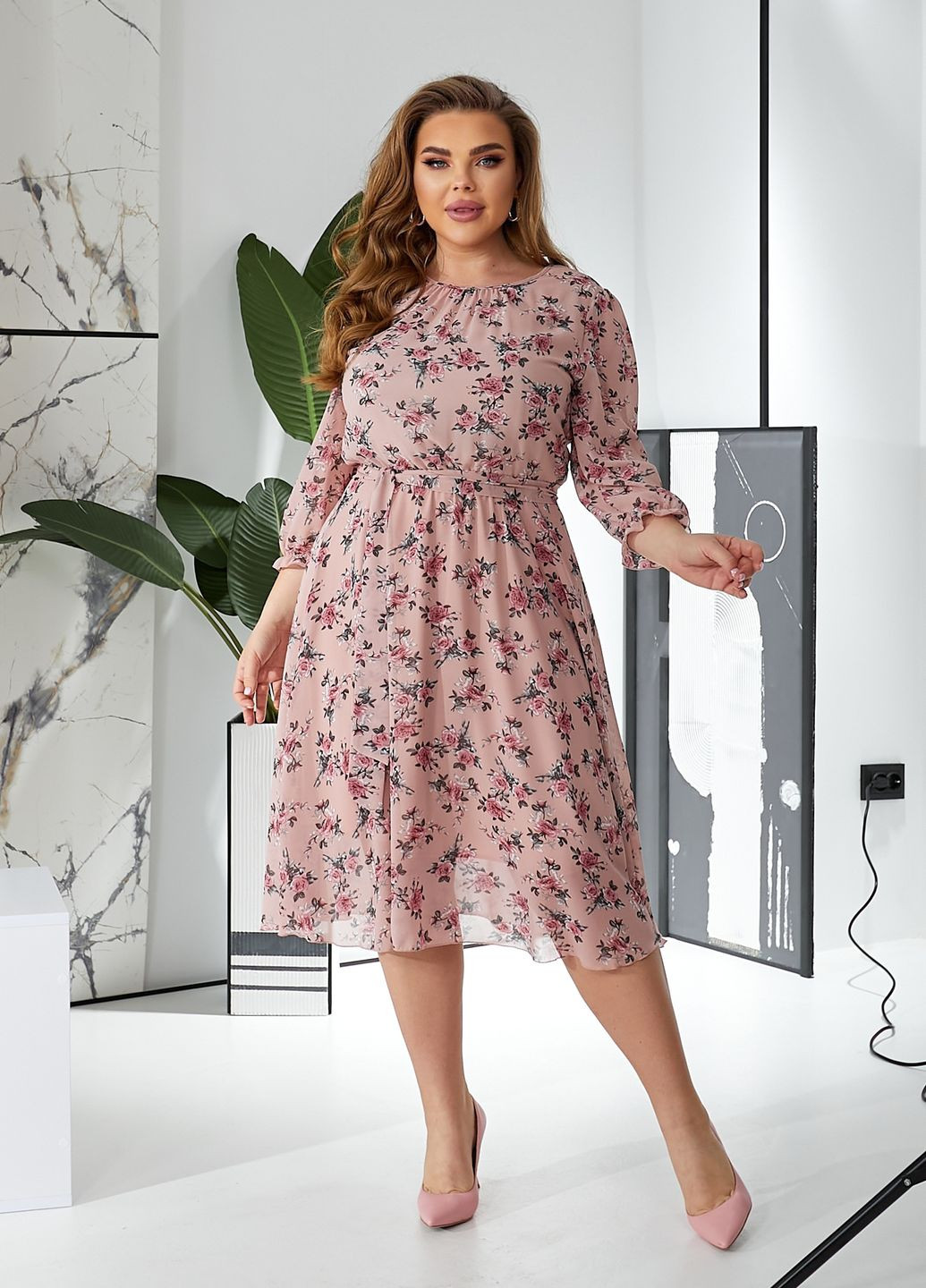 Бежева повсякденний, кежуал шифонова сукня з довгими рукавами кльош, дзвін No Brand з квітковим принтом