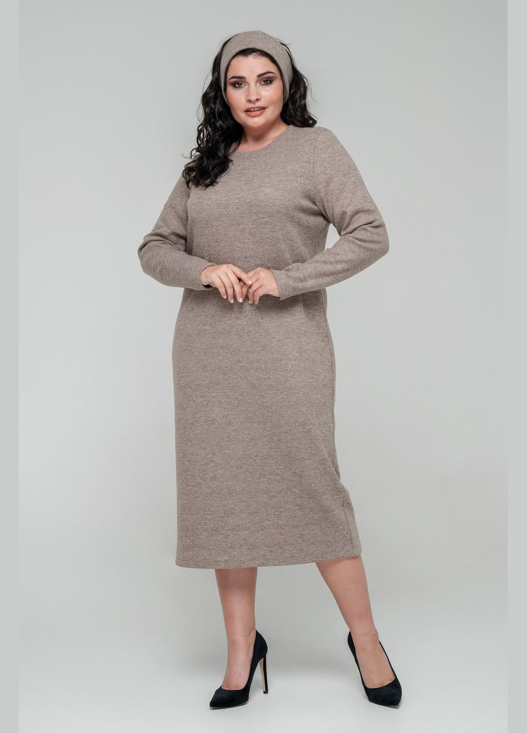 Темно-бежева повсякденний жіноча подовжена сукня напівприлеглого силуету з ангори all posa (ap101725p) A'll Posa