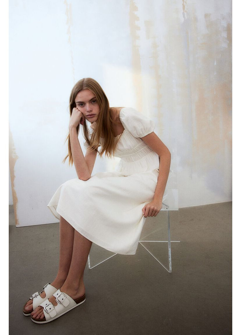 Белое кэжуал платье макси в составе со льном H&M однотонное