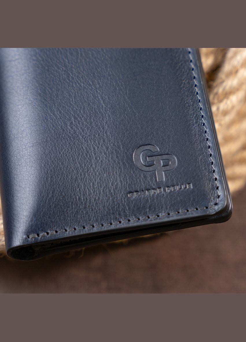 Вертикальне глянсове Шкіряне чоловіче портмоне з накладною монетницею 11332 Синє Grande Pelle (306881983)