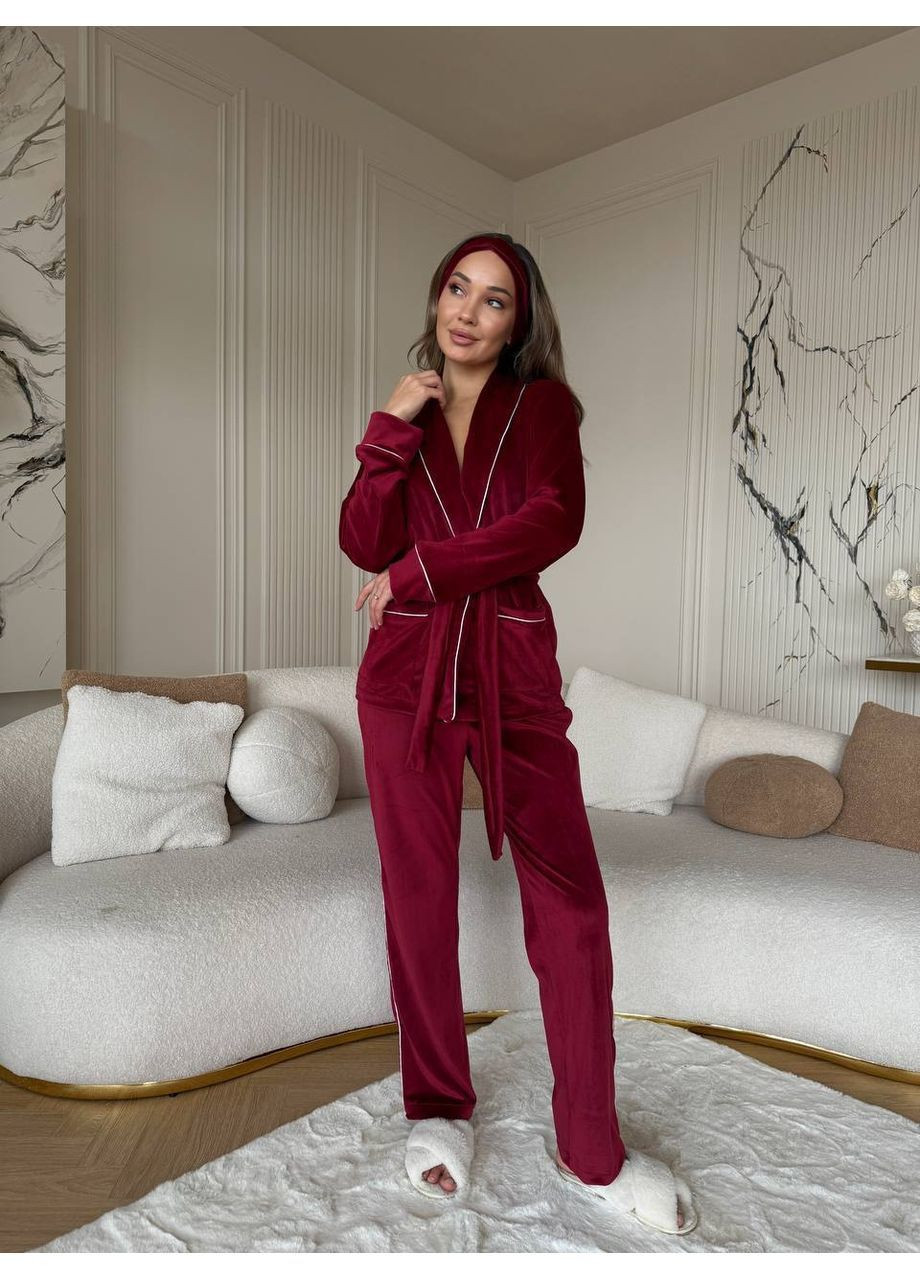 Бордова піжама 066 з повʼязкою велюр з кантом,кофта з поясом та штани Україна