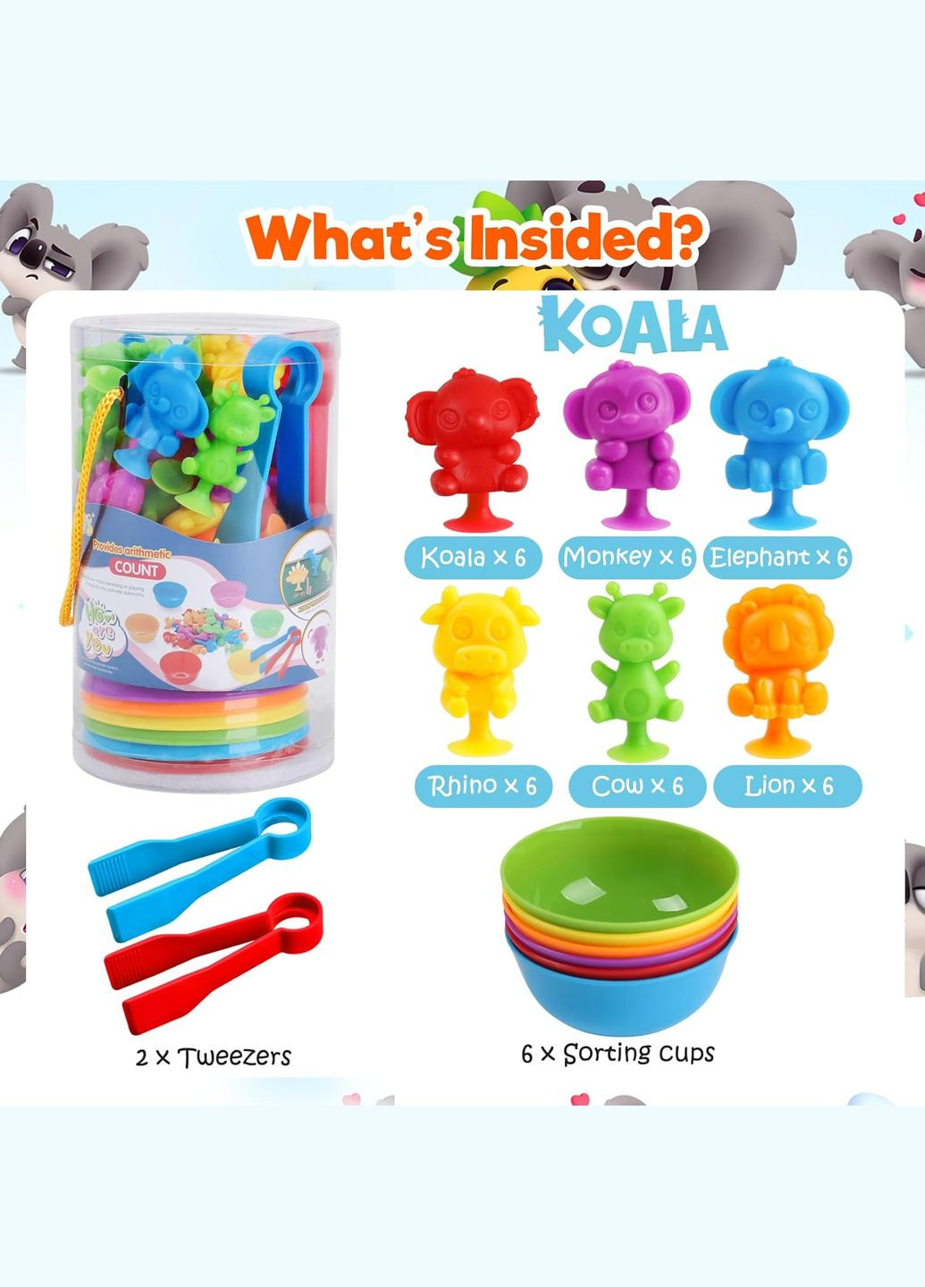 Дитяча розвиваюча гра сортування Монтесорі Тварини 36 шт. Сортер на присосках по кольорам з пінцетом та тарілочками No Brand (302672343)