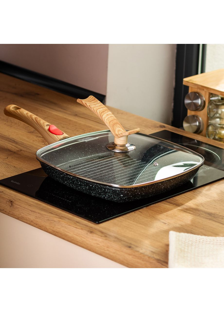 Алюмінієва сковорода-гриль 28 см зі скляною кришкою, квадратна, чорна HP-4-462B (A-033132) MGC (342759089)