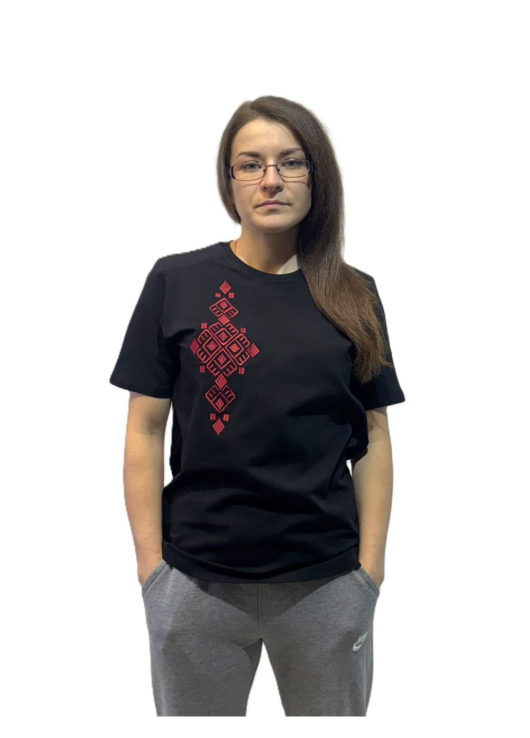 Чёрная женская футболка вышитая ромб НоКо узор орнамент свободная, прямой хлопок (316649471)