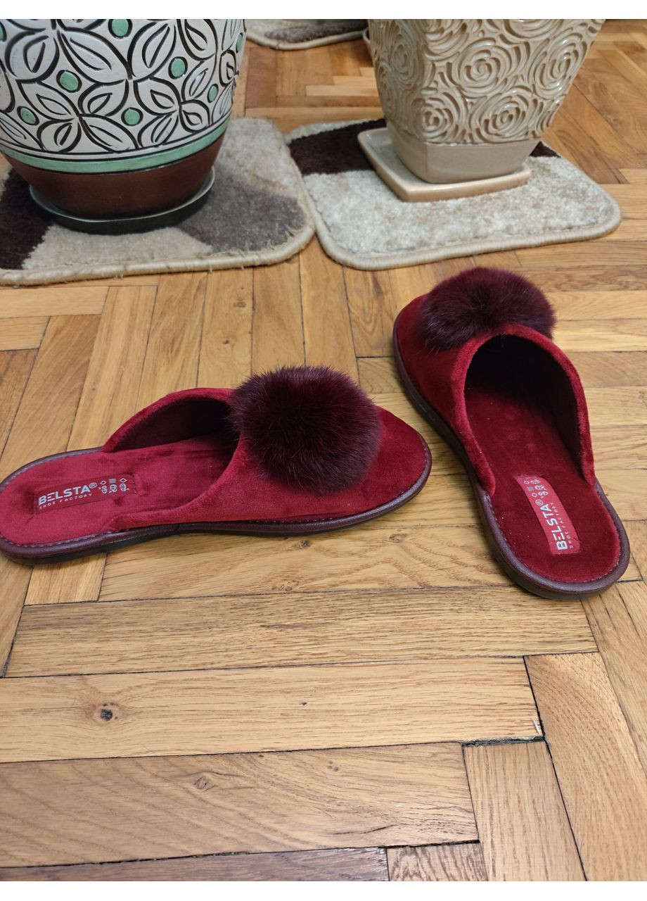 Бордовые женские велюровые тапочки закрытые пушок Белста