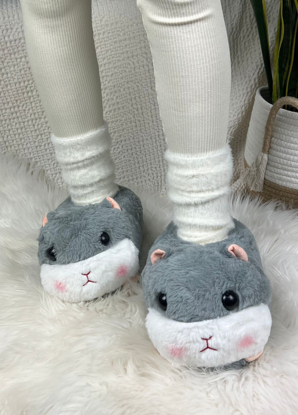 Серые женские тапочки домашние плюшевые хомяк My Kigu с ушками