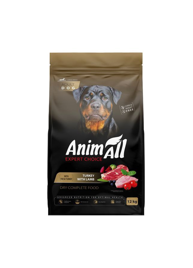 Полнорационный сухой корм для собак больших пород со свежей индейкой и ягненком, 12 кг AnimAll (362036329)