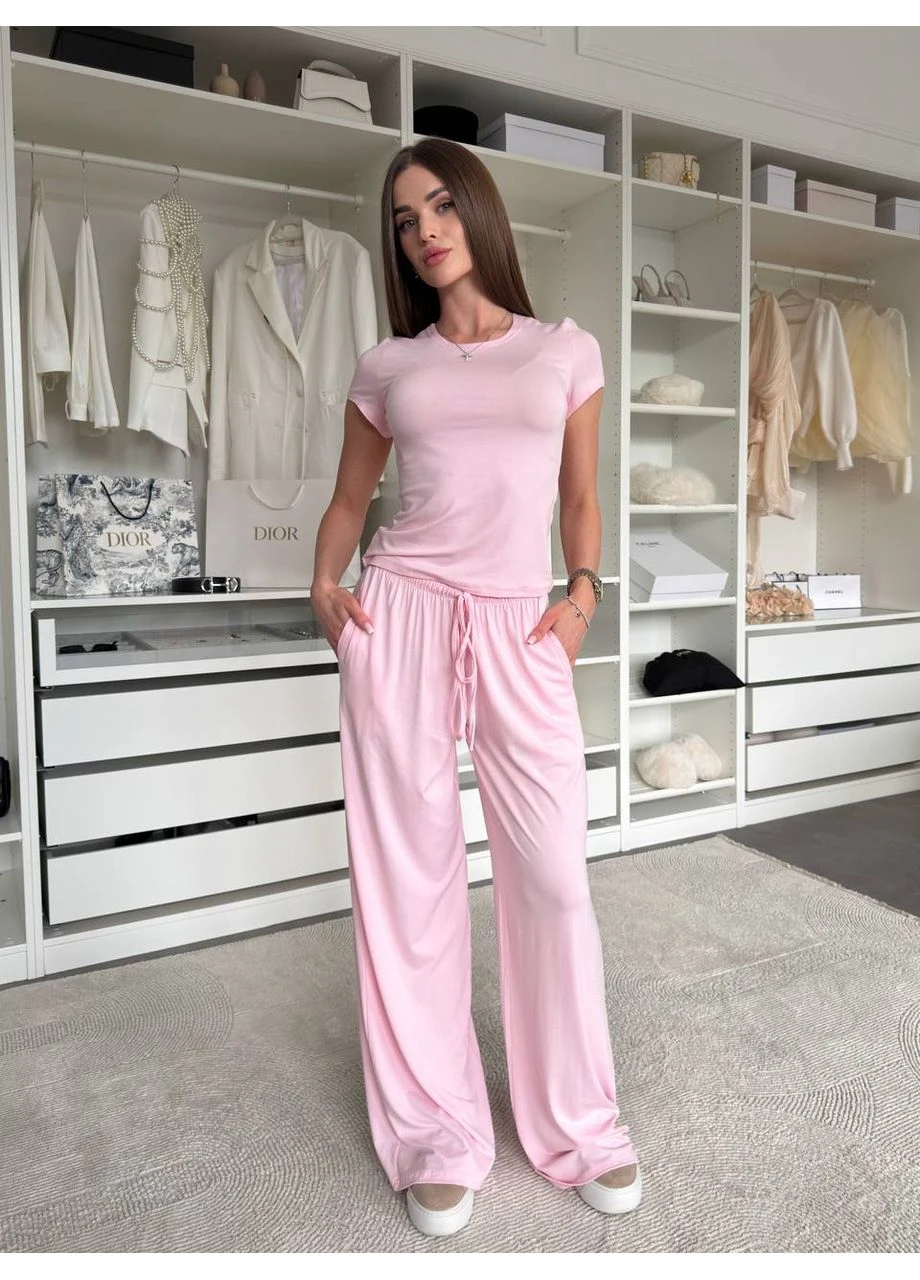 Костюм женский легкий штаны палаццо+футболка розового цвета 37858 No Brand (389418427)