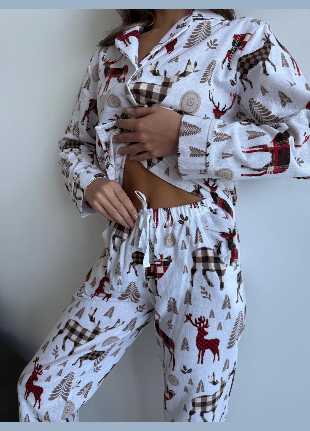 Молочная всесезон домашняя женская пижама "норди" с оленями рубашка + брюки Cosy