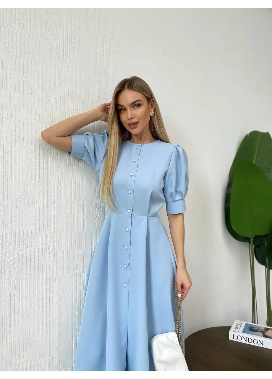 Голубое праздничный, коктейльное, деловое, повседневный, кэжуал, вечернее элегантное женское платье меди с акцентными рукавами Nositi однотонное