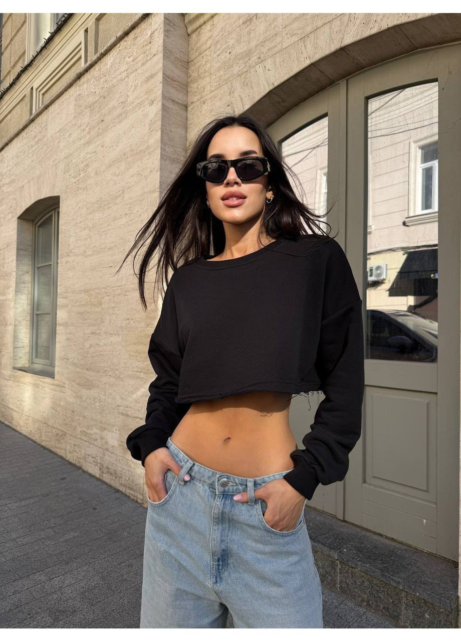 Черный женский базовый кроп-свитшот однотонный без декора (366422610)
