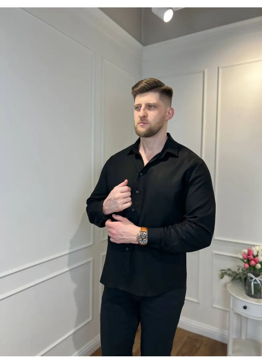 Сорочка чоловіча класична з льону 32414 чорна FlexDress (382704674)